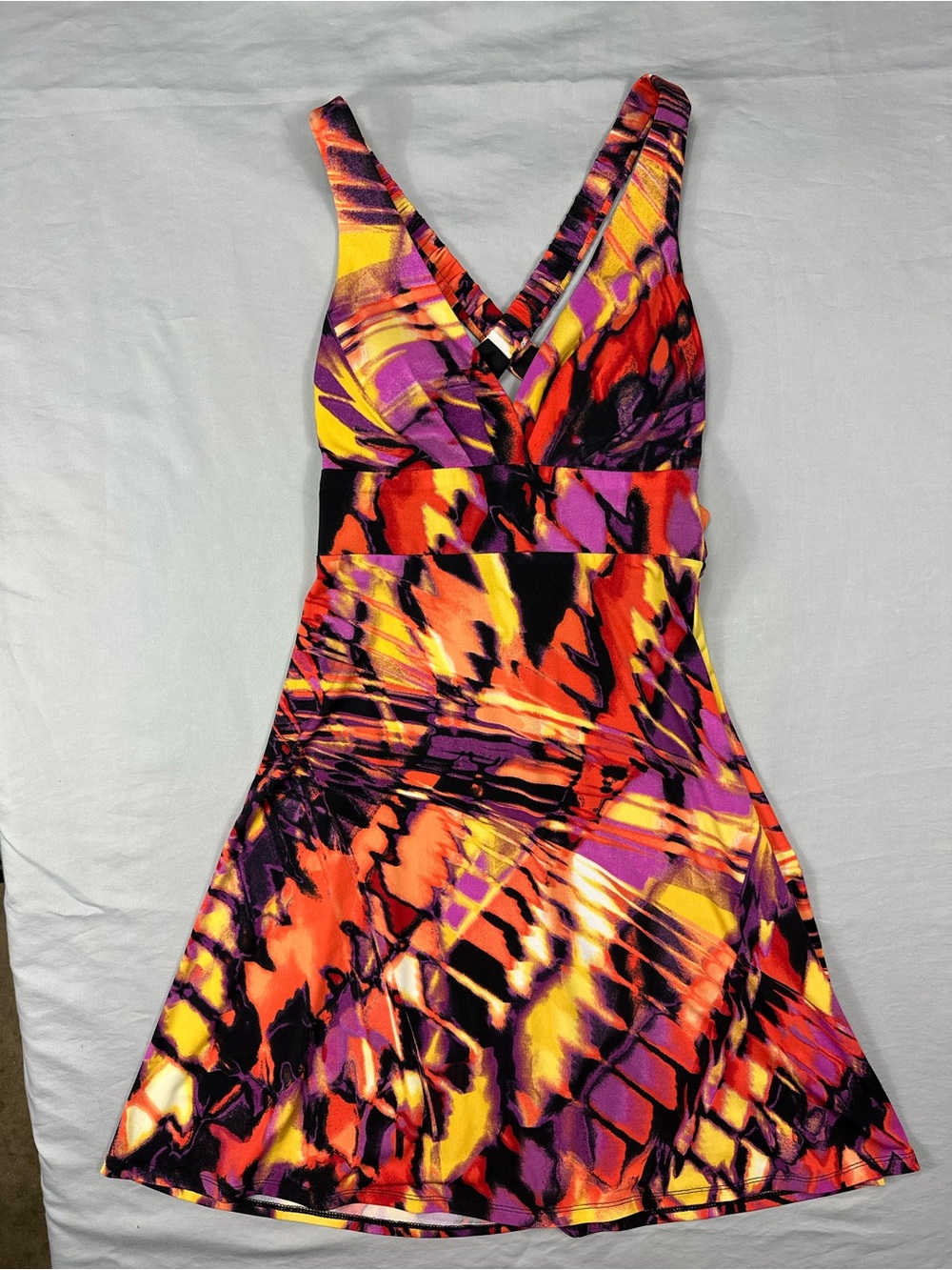 Bisou Bisou V-Neck Mini Dress in Purple, Orange, Yellow & Black